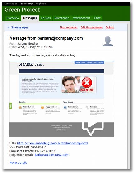 sample Basecamp message generated by SnapEngage