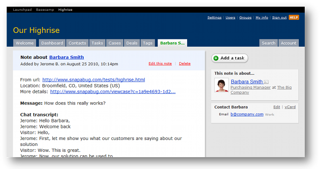 SnapEngage Highrise live chat