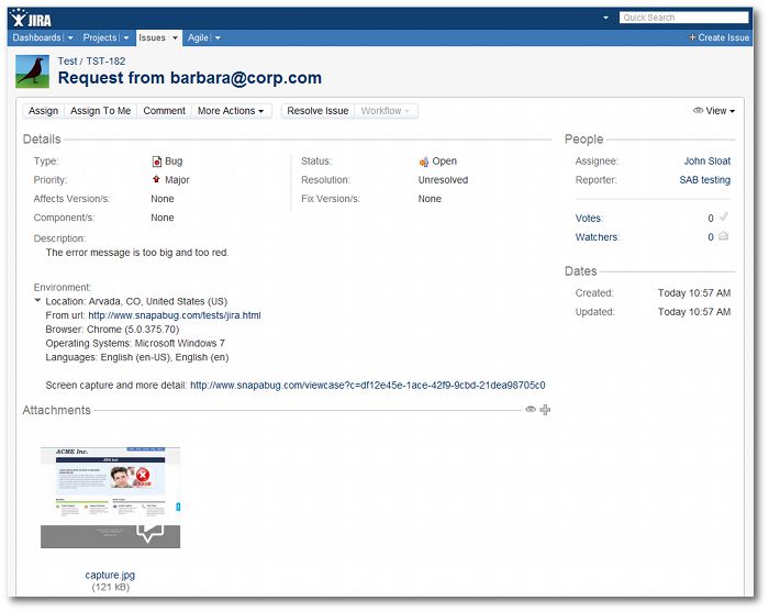 sample JIRA bug generated by SnapEngage